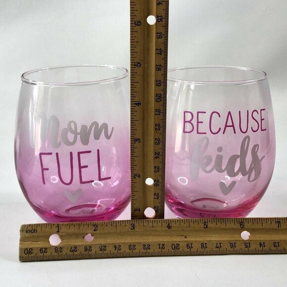 Stemless Wine Glasses Mom Fuel Because Kids Set Of 2 New in Box 22oz Pink - Picture 10 of 12